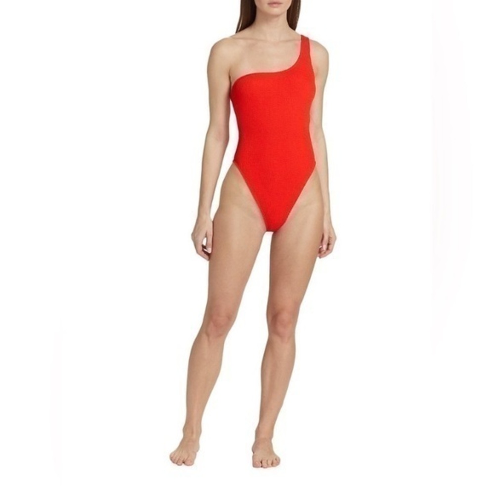 NWT Good American Always Fits Bright Poppy Red Crinkle One Shoulder Swimsuit 4X
